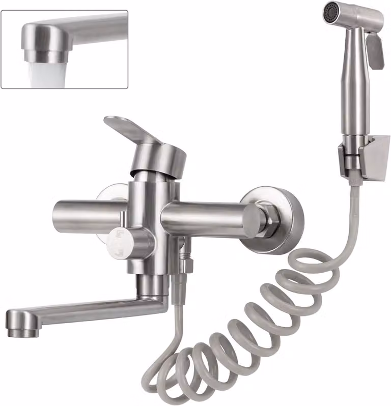 Miscelatore da cucina a parete con funzione spray, girevole a 360°, con un'altezza di 23 cm, realizzato in acciaio inossidabile, ideale per la cucina