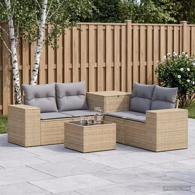 Set di mobili da giardino vidaXL composto da 6 pezzi con divano a 2 posti, elemento angolare, tavolino da caffè e cuscini in tessuto beige e grigio – 1