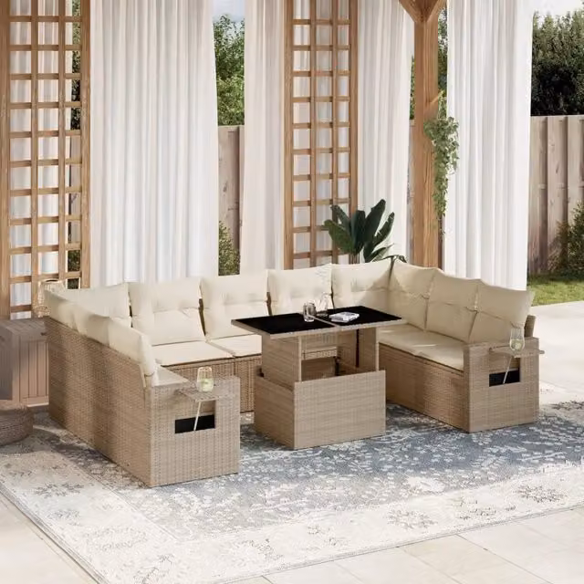 Set Divano da Giardino vidaXL in Polyrattan 10 Pezzi con Cuscini Beige e Tavolino – 1