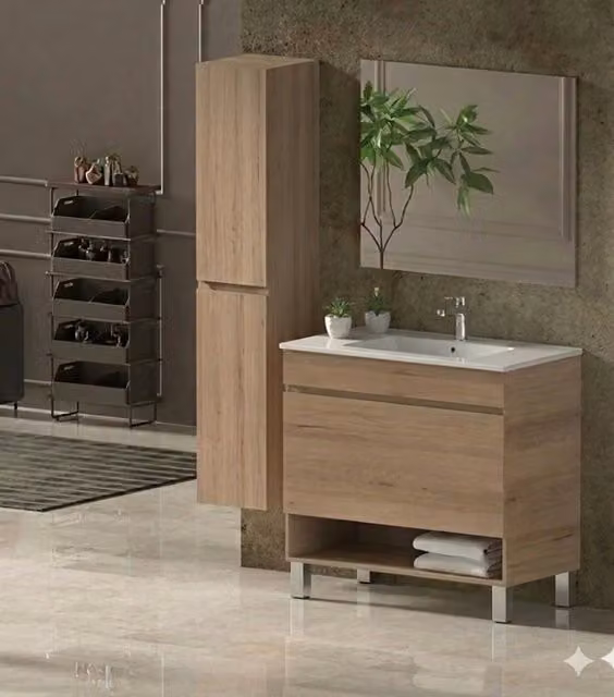 Mobile Bagno NEBARI com gambe Già Montato 1 cassetto, lavabo e specchio Estepa 80x40 cm con colonna