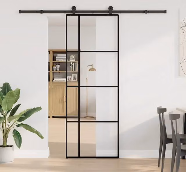 Porta Scorrevole Moderna vidaXL in Vetro Trasparente e Alluminio Nero L: 76 cm, H: 205 cm