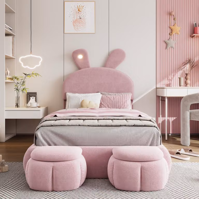 Letto imbottito 90x200cm, letto singolo, orecchie da coniglio, con due sgabelli, letto per bambini con doghe in legno, velluto, rosa