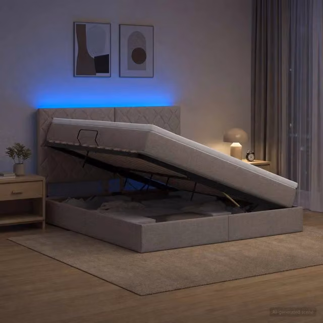 Letto con contenitore e materasso vidaXL in tessuto beige e grigio con illuminazione LED e porte USB L/P/H: 160 x 200 x 128 cm – 1