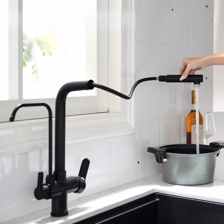 Miscelatore da cucina a tre vie, finitura nera opaca, con doccetta estraibile e rubinetto per filtro dell'acqua