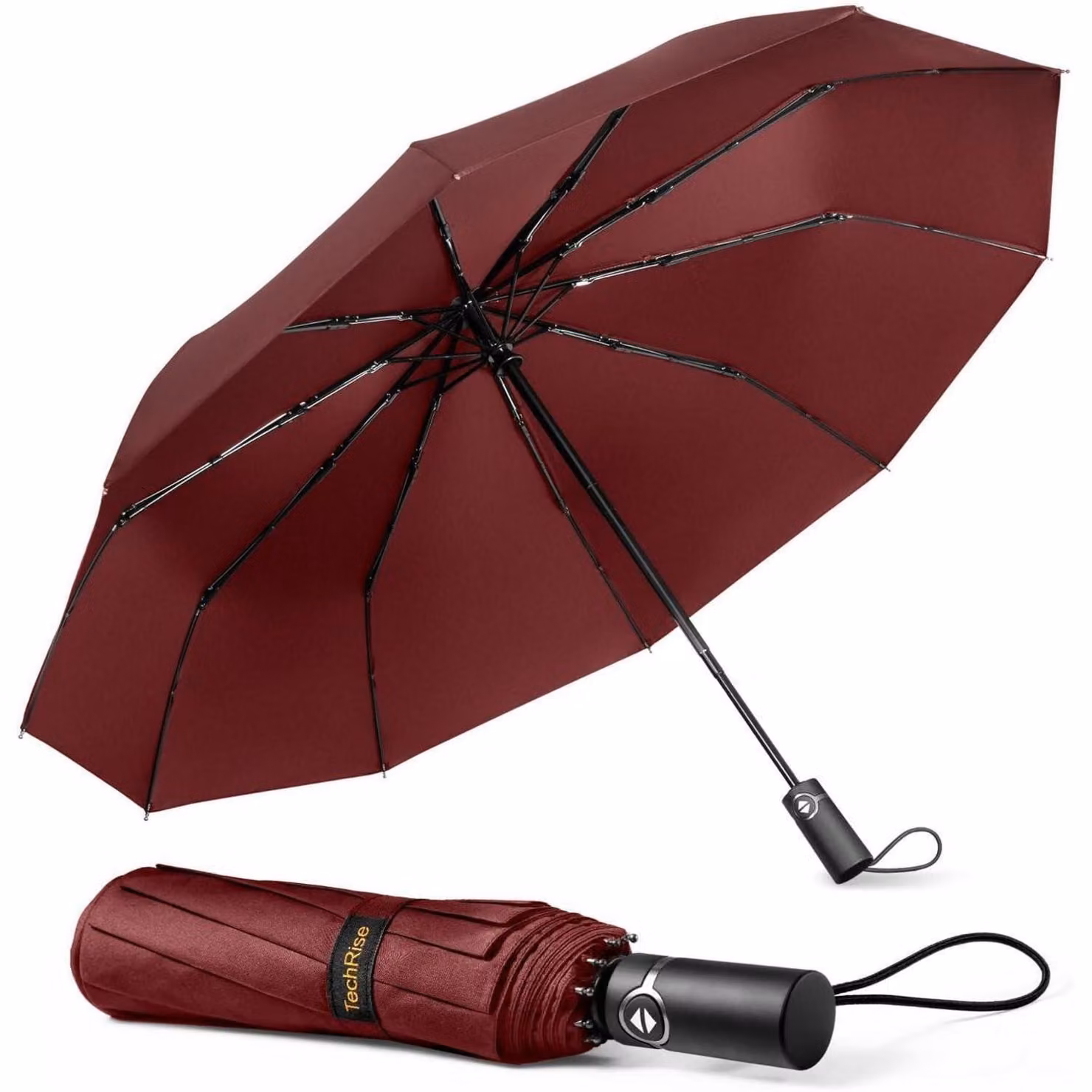 TechRise Ombrello da Viaggio Antivento Robusto - 10 Stecche, Automatico, Compatto, Rosso