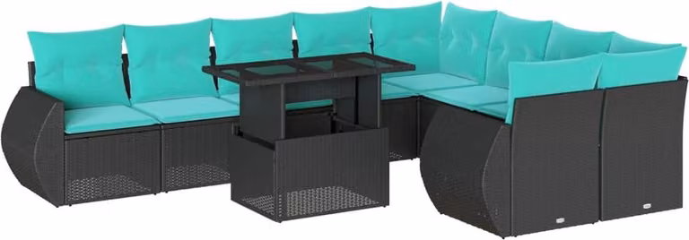 set di divani da giardino da 10 pezzi con cuscini, in polyrattan nero