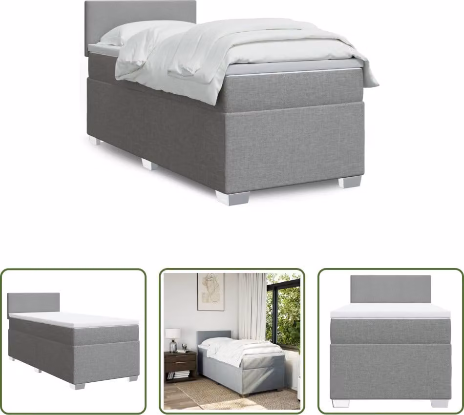 The Living Store Letto a molle con materasso grigio chiaro 90x200 cm in tessuto