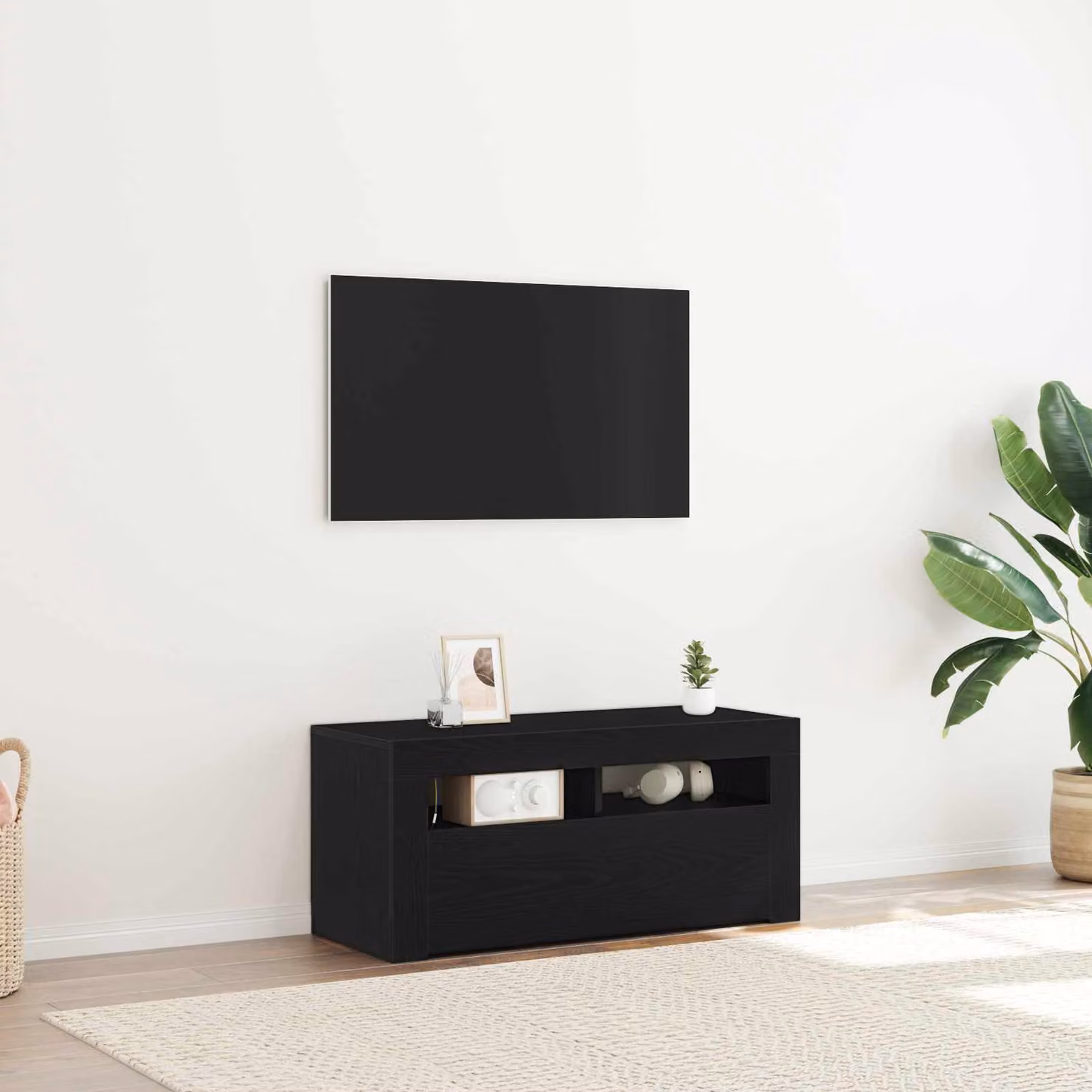 Mobile TV vidaXL moderno in legno ingegnerizzato Rovere Nero con illuminazione integrata L 90 cm, P 35 cm, H 40 cm