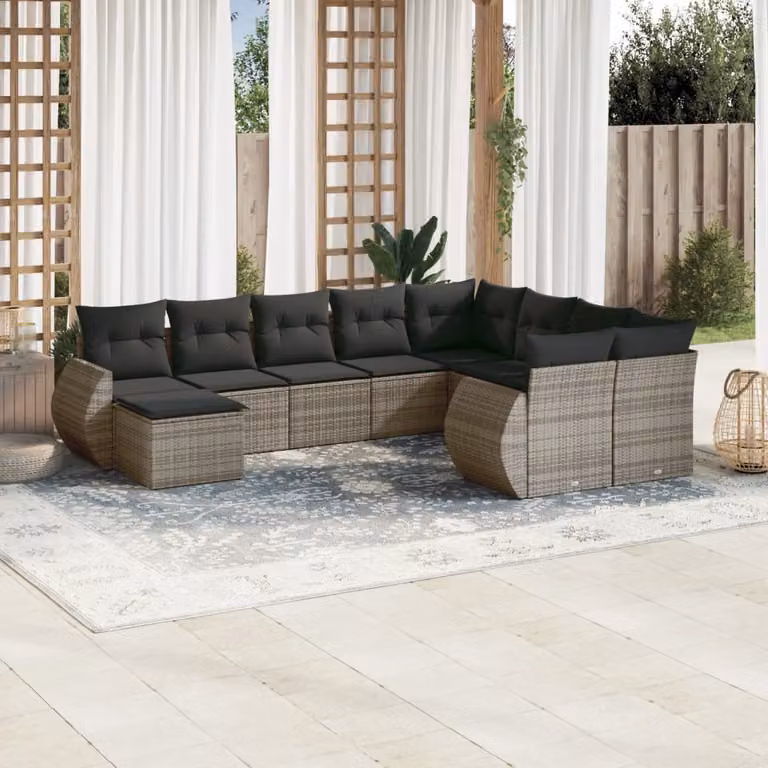 Set Divano da Giardino vidaXL 10 pz a Forma a L in Polyrattan Grigio con Cuscini e Tavolino