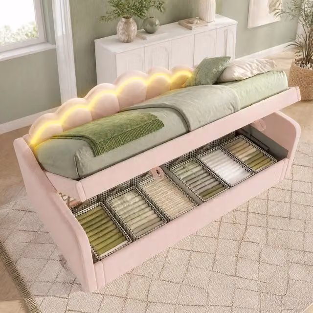 Divano letto ULEVR 90x200 cm in velluto rosa con contenitore idraulico, LED multicolore e telecomando