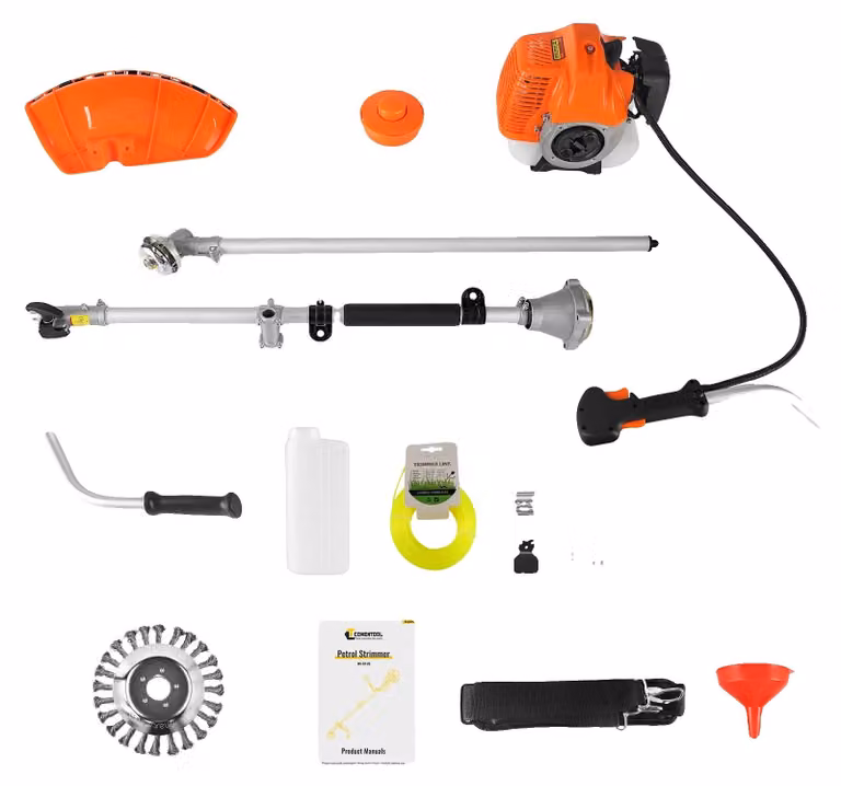 Tagliaerba a motore a benzina, potente, versatile strumento per la cura del prato, colore arancione, modello 2 in 1