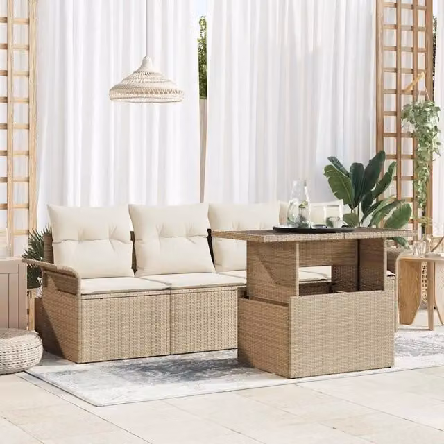 Set da giardino vidaXL composto da 5 pezzi con divano da 3 posti, divano da 2 posti, tavolino da caffè e cuscini beige in rattan e metallo