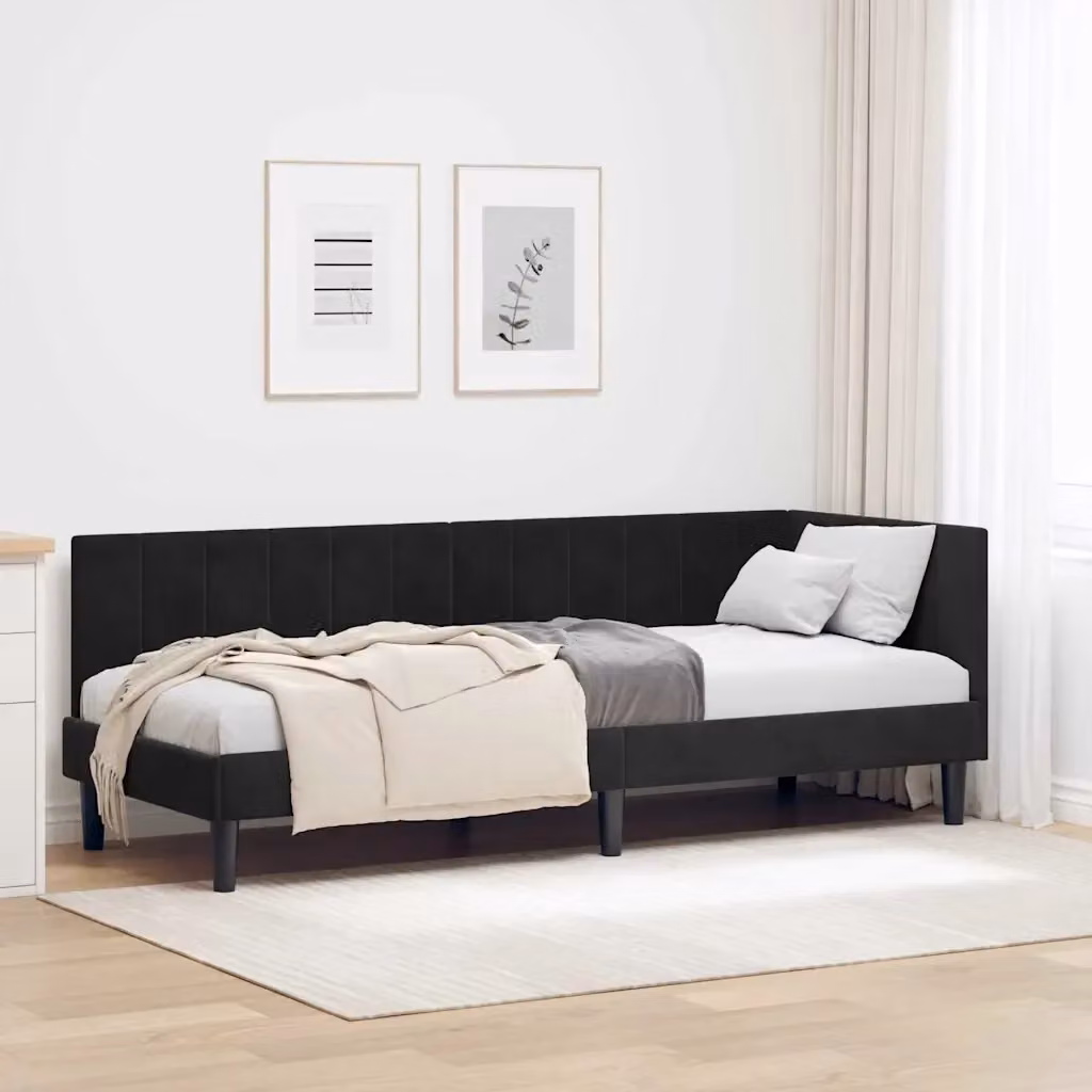 Letto singolo moderno in velluto nero con struttura in legno per adulti L: 200 cm, P: 80 cm, H: 140 cm – 2