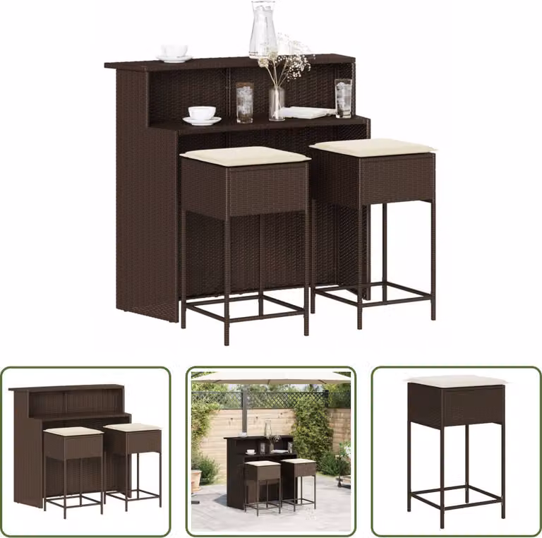 Set da bar da giardino The Living Store, 3 pezzi, con cuscini, in polyrattan marrone