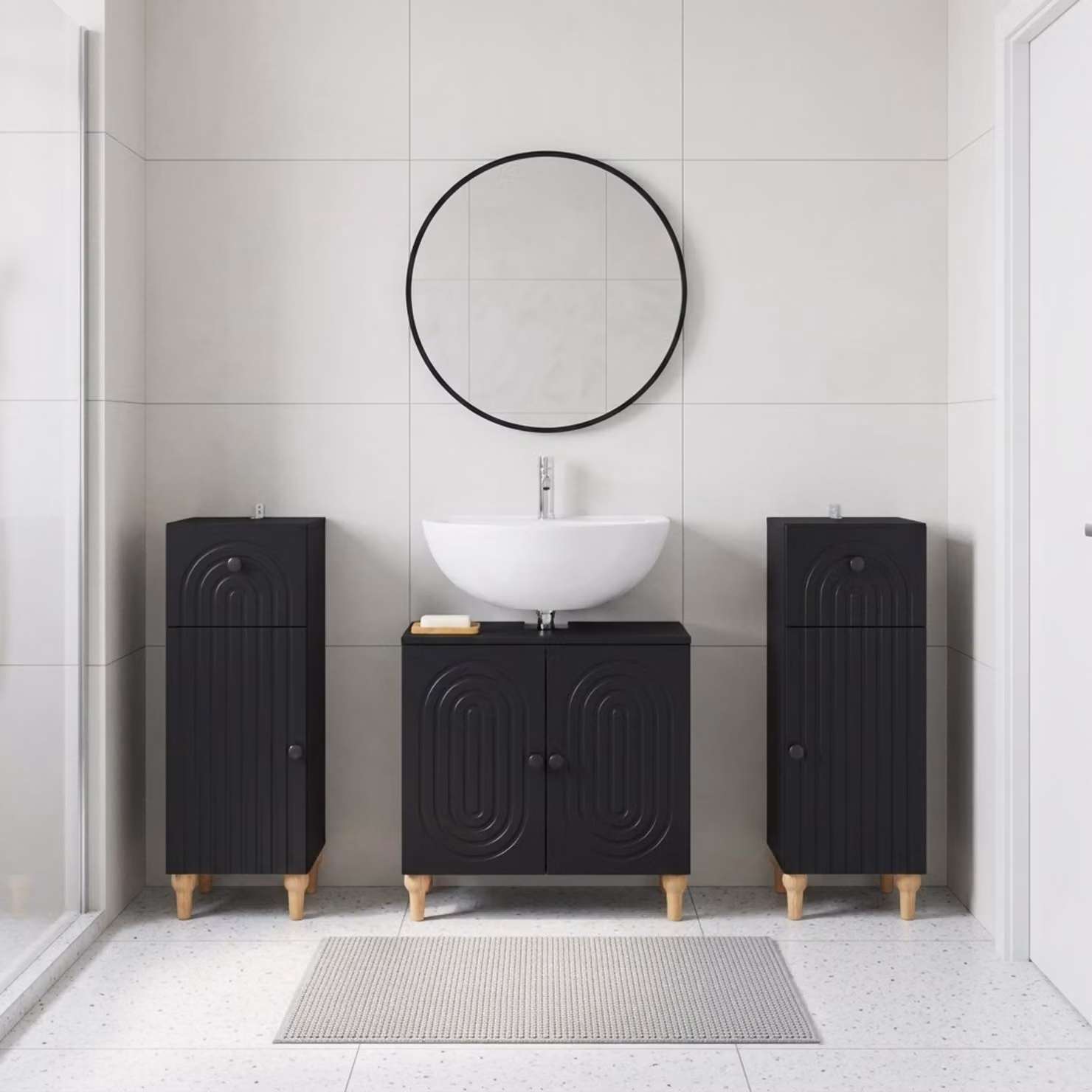 Set di mobili da bagno vidaXL ALKMAAR in 3 pezzi nero opaco con mobile lavabo e armadietti laterali