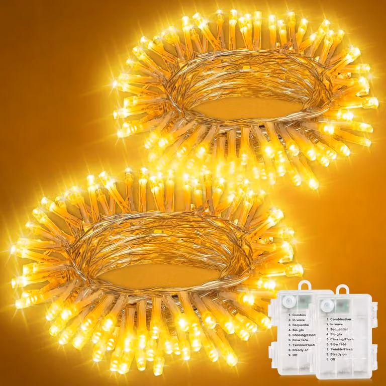 Catena luminosa a LED, 10 metri, 100 LED, luce bianco caldo, alimentazione a batteria, con timer
