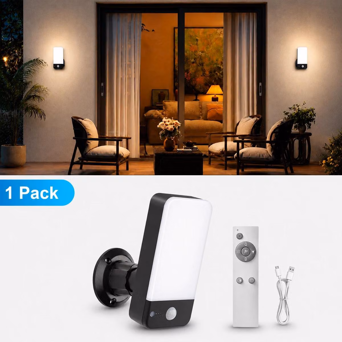 Lampada da parete con sensore di movimento - Lampada da esterno - Telecomando - Angolo di rilevamento di 120° - 3 modalità di illuminazione - Dimmerabile e ricaricabile - Grado di protezione IP65 - Confezione da 1 pezzo