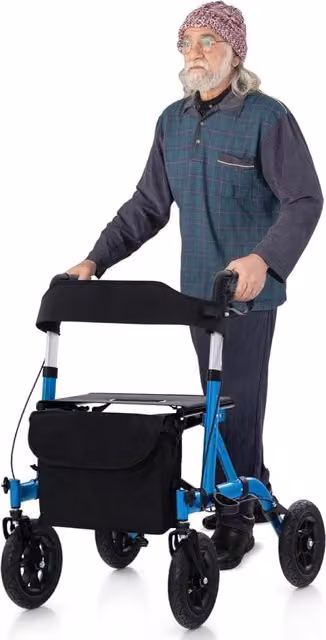 Deambulatore per Anziani Pieghevole Costway in Alluminio con 4 Ruote Gonfiabili e Borsa Portaoggetti, Regolabile in Altezza, Portata 160 kg, Blu – 1