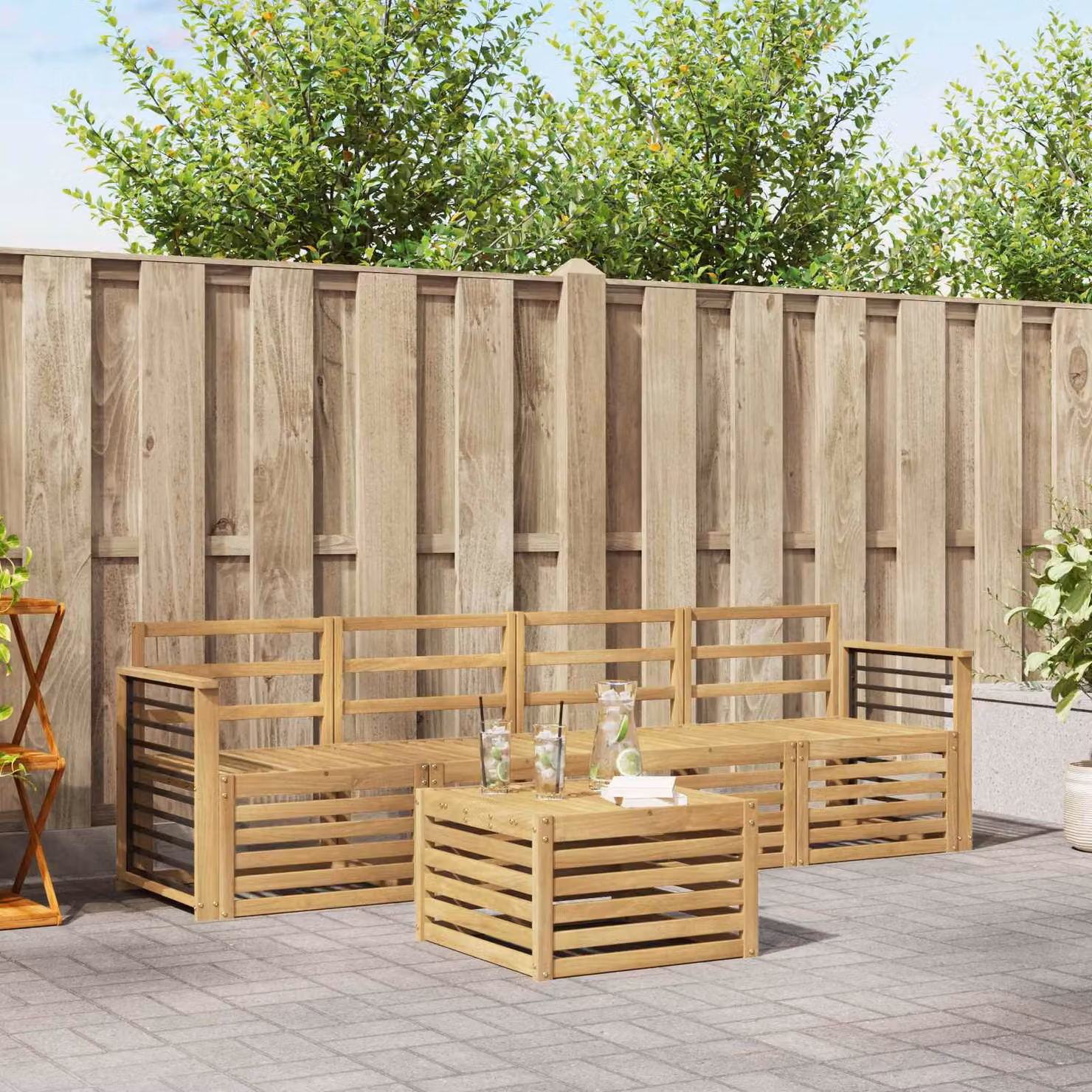 Set di divani da esterno vidaXL a forma di L in legno di acacia marrone e bianco con cuscini inclusi