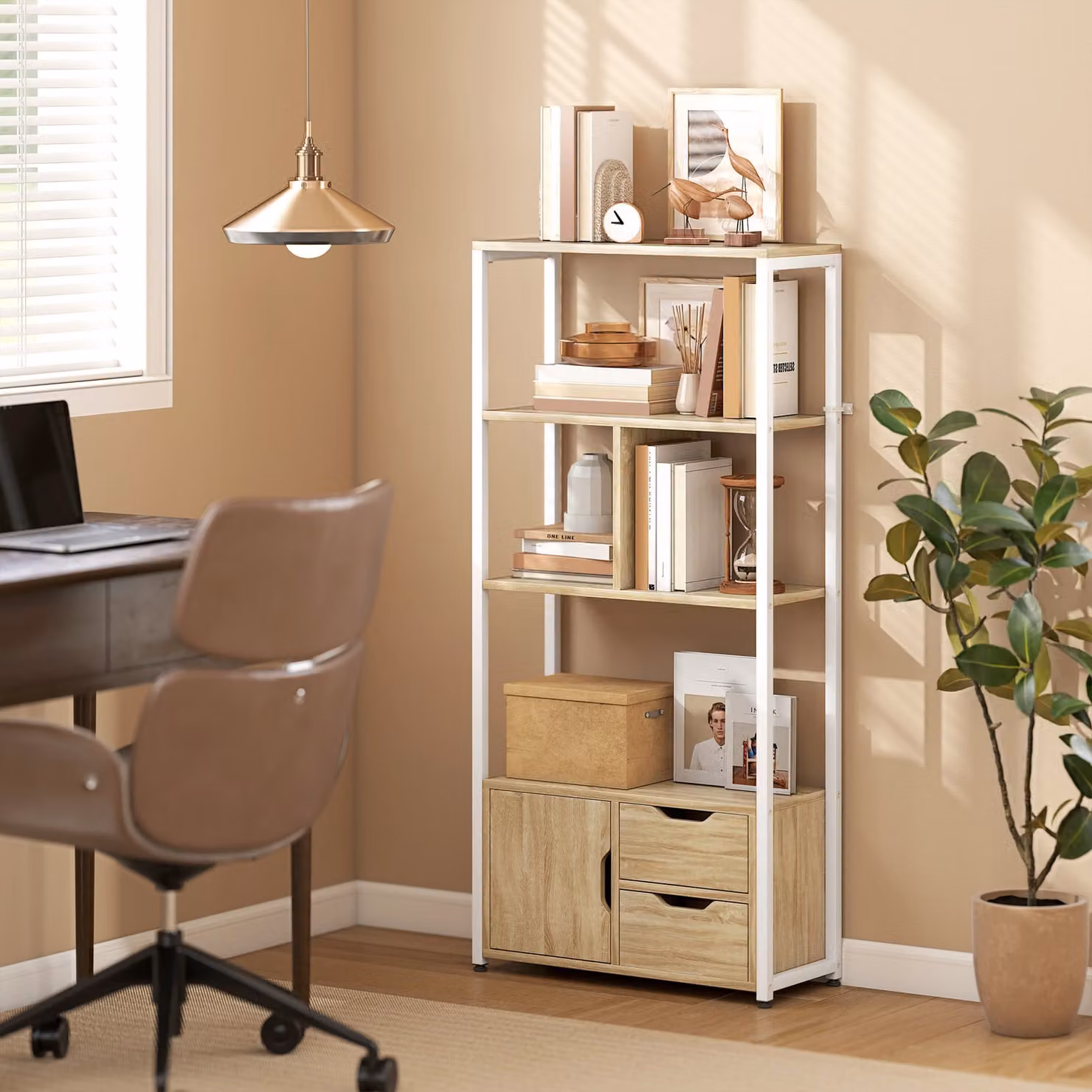 Libreria HOMCOM in stile industriale con ripiani, cassetti e anta, Bianco e Legno Naturale, L: 58 cm, P: 24 cm, H: 122 cm – 2