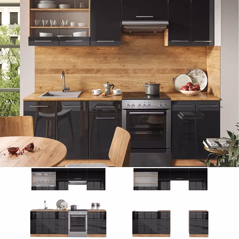 Cucina componibile moderna Vicco Fame-Line in antracite lucido e rovere dorato, L: 240 cm – 2