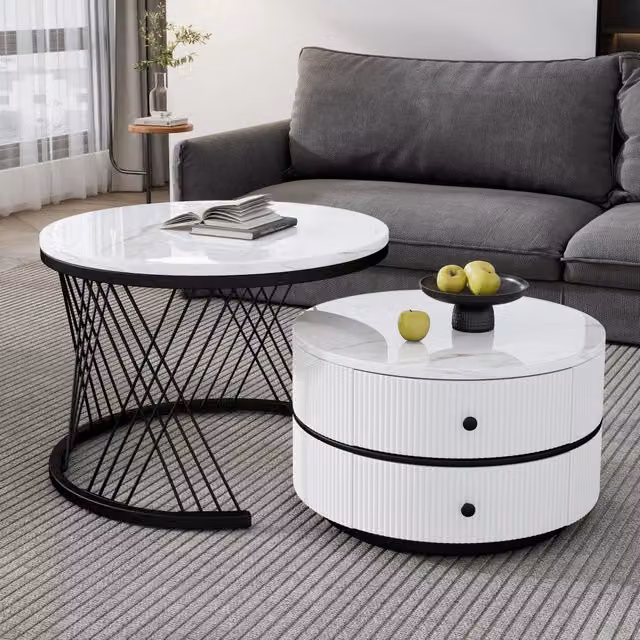 Set Tavolini da Salotto a Incastro Rotondi Effetto Marmo Lucido Bianco
