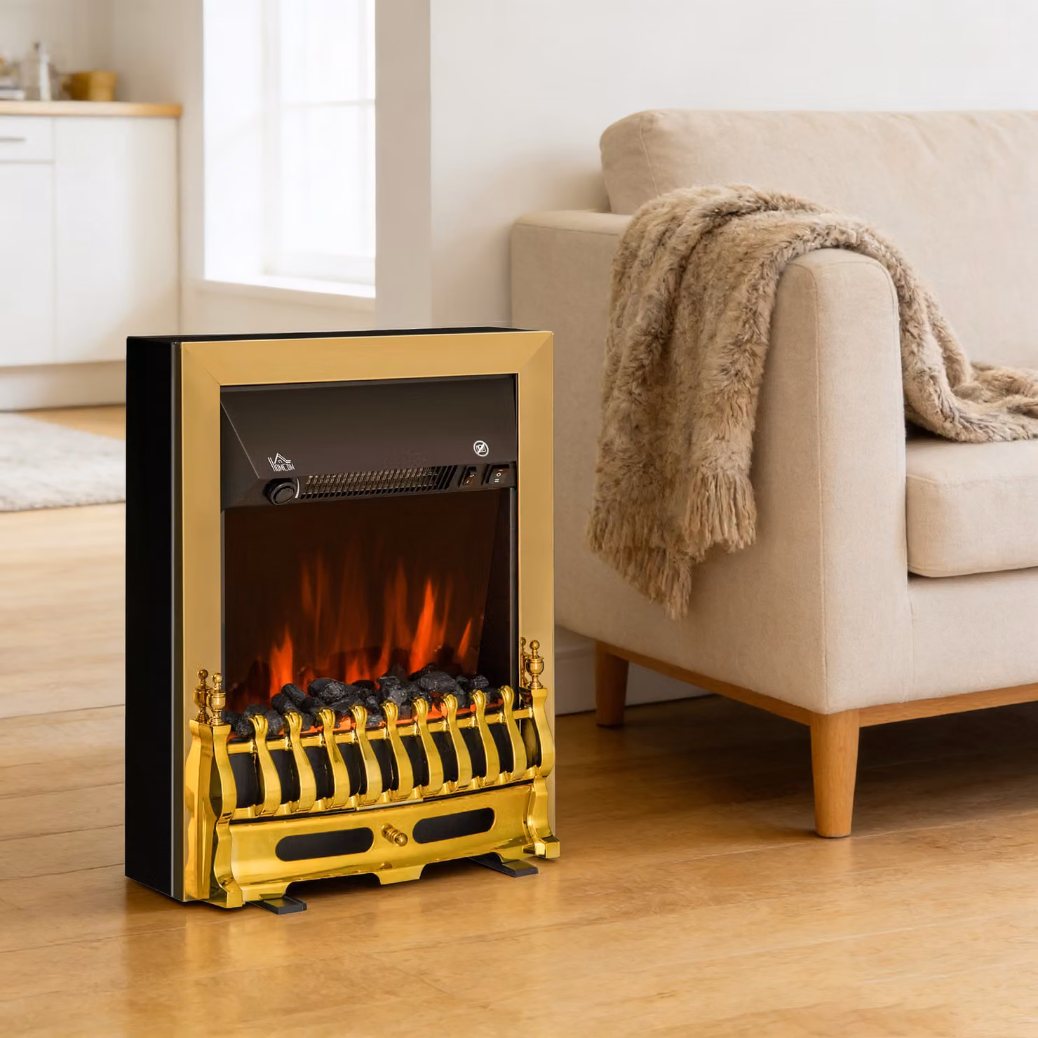 Camino Elettrico HomCom da Incasso o da Terra con Effetto Fiamma, 2000W, Finitura Oro, L: 48.2 cm, P: 18.5 cm, H: 59.2 cm – 2