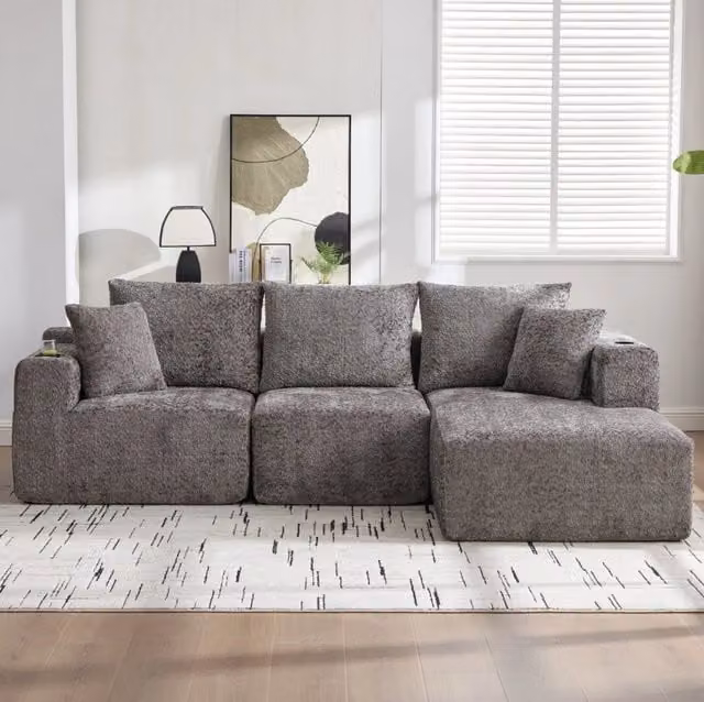Divano angolare modulare 261x165 cm in ciniglia grigio scuro con portabevande HOMVRA