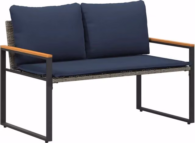 Panca da giardino Design In in rattan e legno di acacia con cuscini grigi e blu, con braccioli, L: 115 cm, P: 65 cm, H: 72 cm