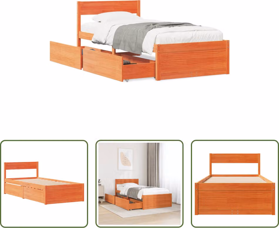 The Living Store Letto in legno massiccio con cassetti marrone cera 90x200 cm pino