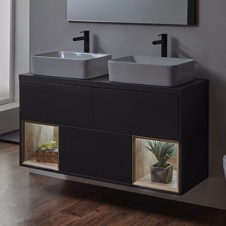 Mobile Bagno Sospeso in Grigio Nero con Ripiano Aperto da 1200mm con Lavabo d'Appoggio Rettangolare e Luci LED