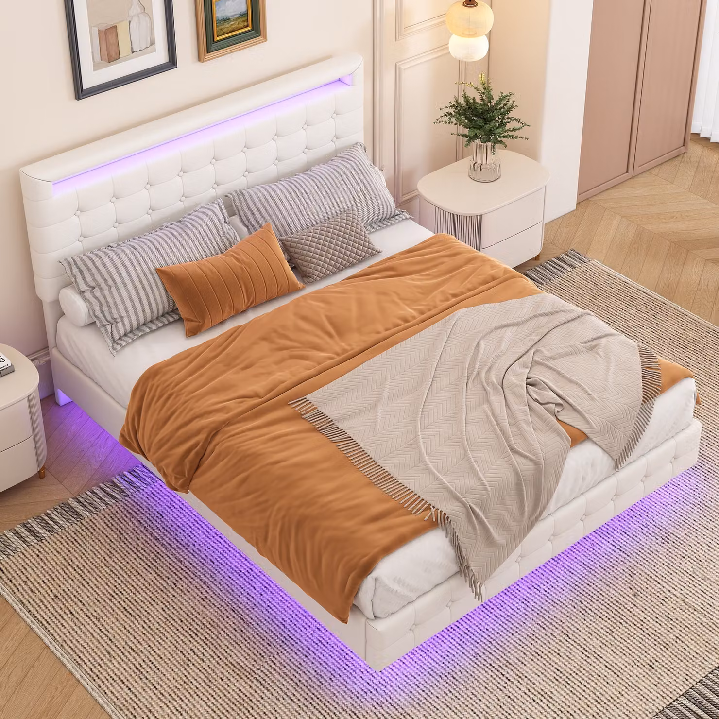 Letto imbottito STILVORA 140×200 cm con materasso, letto piatto con luce ambientale a LED, design fluttuante, regolazione dell'altezza della testiera in tre posizioni, bianco