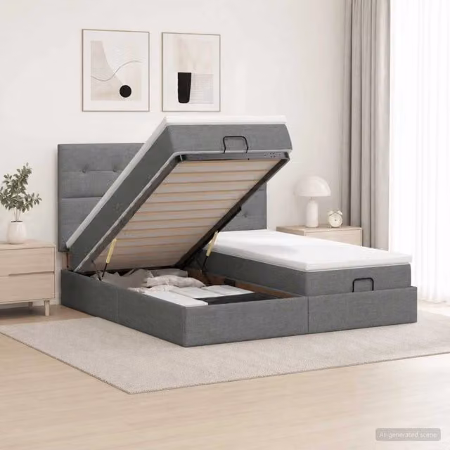 Letto ottomano con materasso vidaXL in tessuto grigio e bianco L/P/H: 200 x 200 x 88 cm