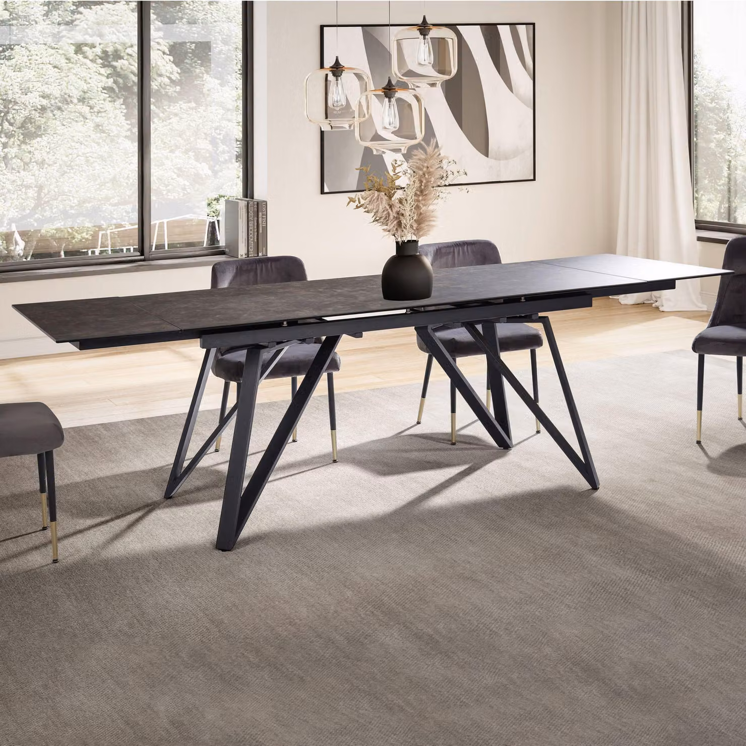 Tavolo da pranzo estendibile FineBuy, 180–260 cm, nero – Piano in vetroVetroceramica – Tavolo da pranzo con struttura in metallo geometrico – Resistente ai graffi e al calore
