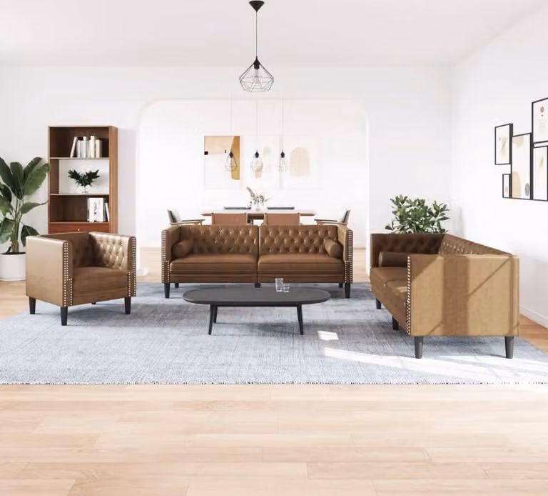 Divani Chesterfield 3pz Cuscini Marrone Pelle finta Scamosciata