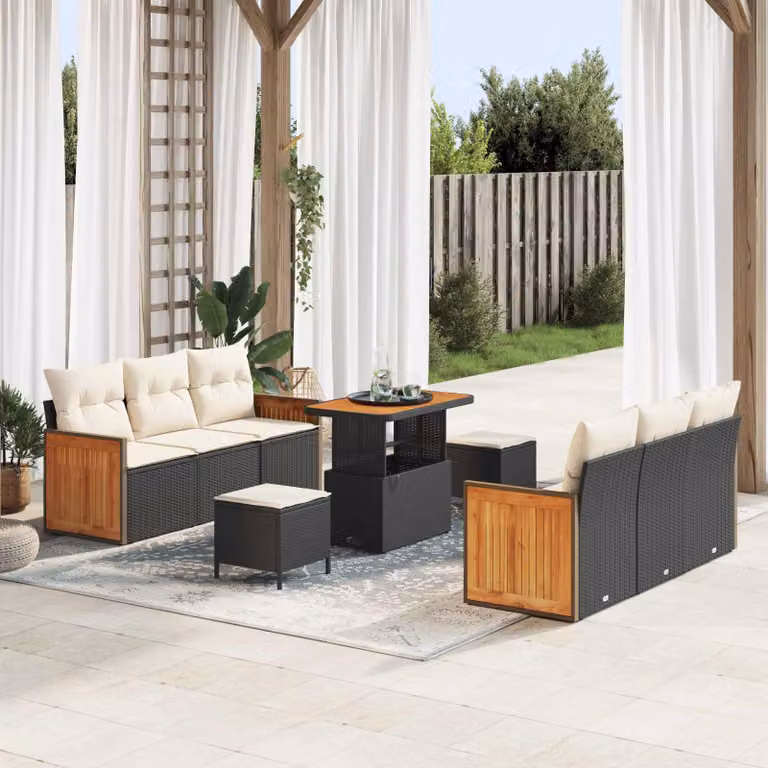 vidaXL Set Divano da Giardino Moderno a Forma di U con 9 Pezzi, Nero e Beige