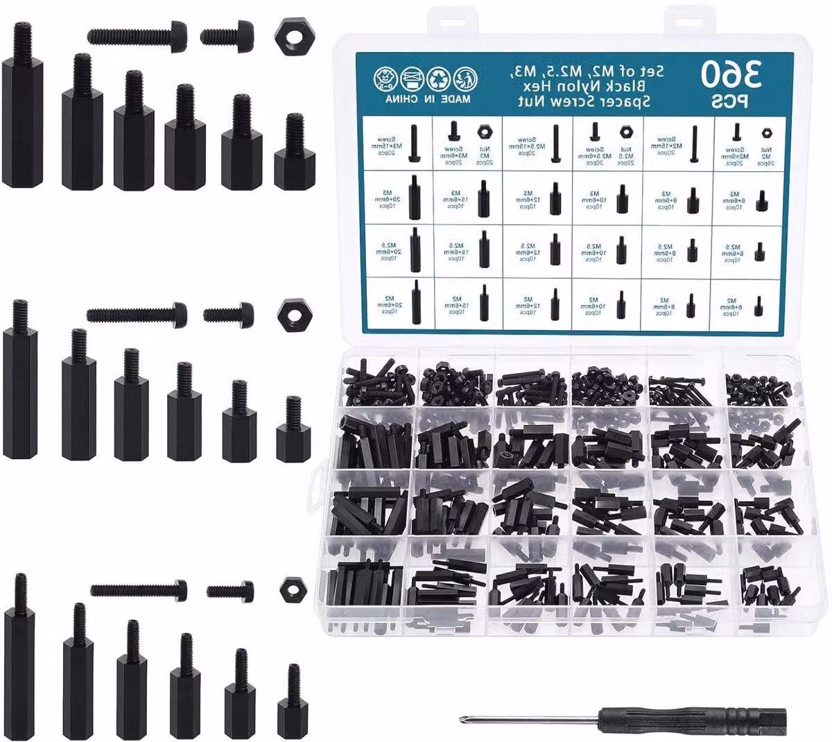 360 pezzi Nylon nero distanziatore esagonale dado d'arresto accessori Kit di assortimento (M2, M2,5, M3) - Maschio a femmina