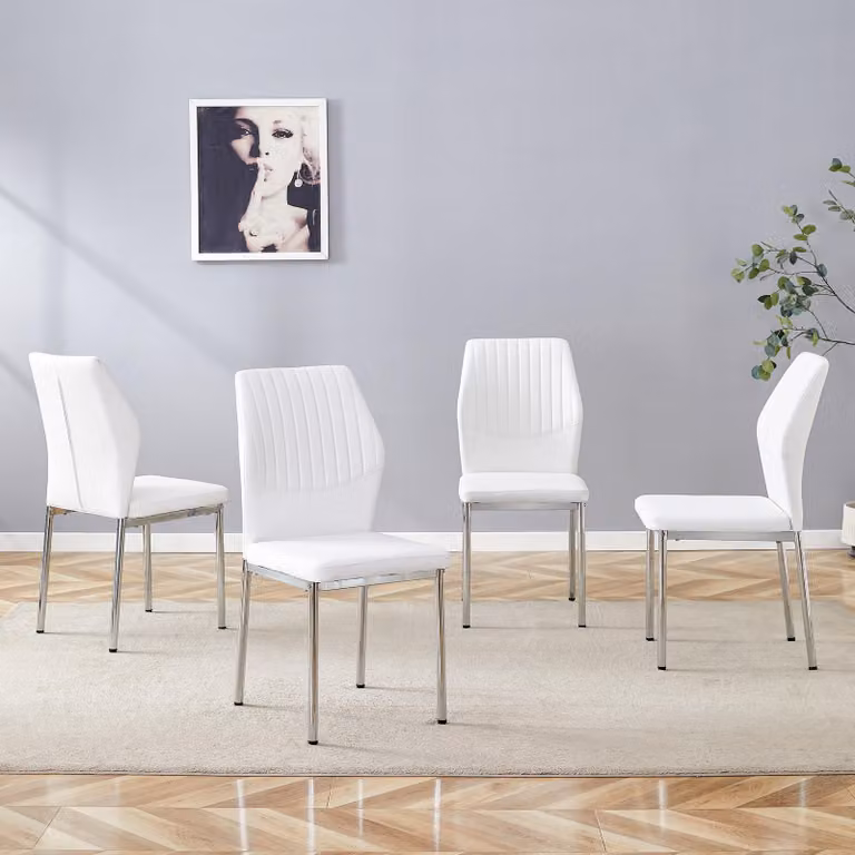Set di 4 sedie da pranzo, schienale in poliuretano con texture, gambe in metallo, stile leggermente lussuoso (bianco e argento)