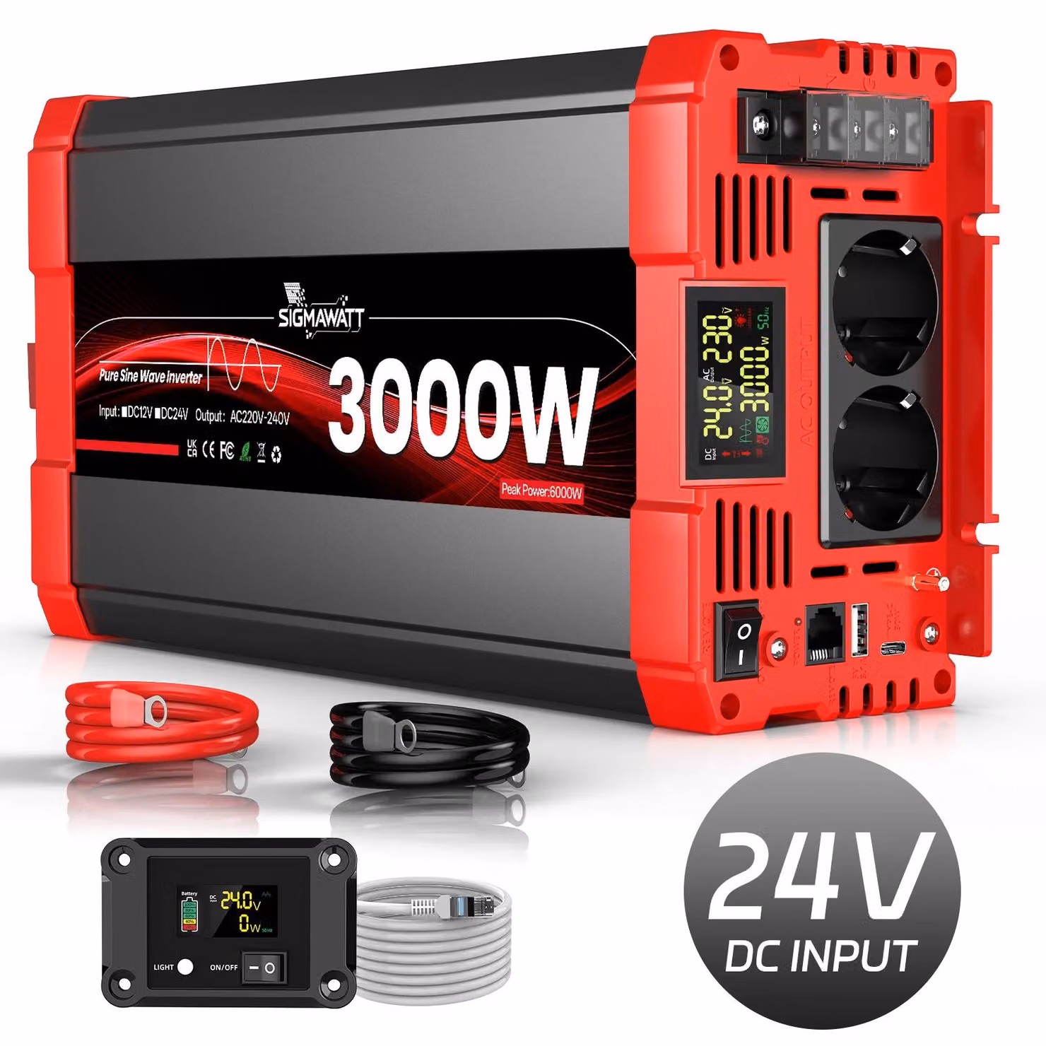 Inverter, potenza nominale di 3000W, display LCD, 24V 3000W (6000W di picco)