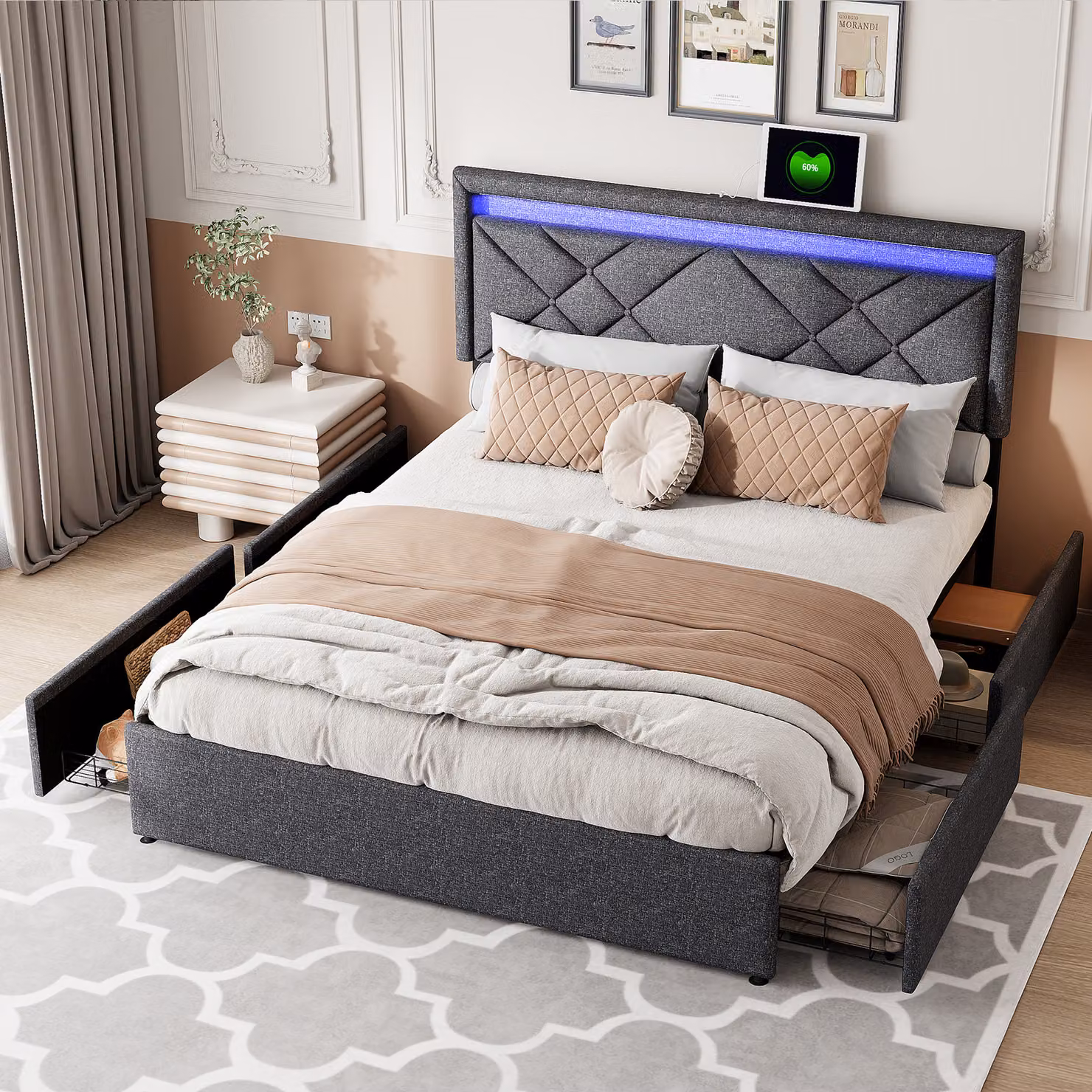 Letto 160x200 con LED e USB, Letto matrimoniale con doghe, Letto imbottito 160x200cm con 4 cassetti e grande contenitore, Letto 2 persone, Letto 160x200, Grigio