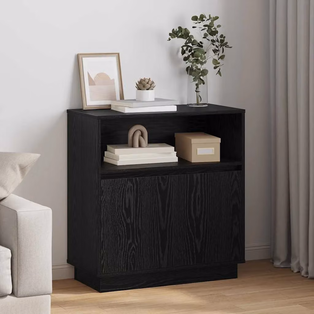 Madia moderna vidaXL con illuminazione LED in rovere e nero, realizzata in legno ingegnerizzato, L 71 x P 34,5 x H 75 cm