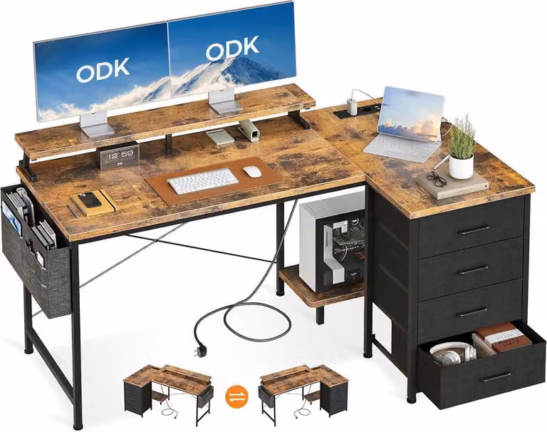 ODK Scrivania a L 140x80x84,7cm con 4 cassetti e ripiano per monitor - Marrone