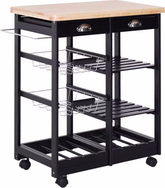 Carrello da cucina moderno XYLO con ruote, 2 cassetti, 2 cestini e 2 ripiani, colore nero, H 76 cm x L 74 cm x P 37 cm