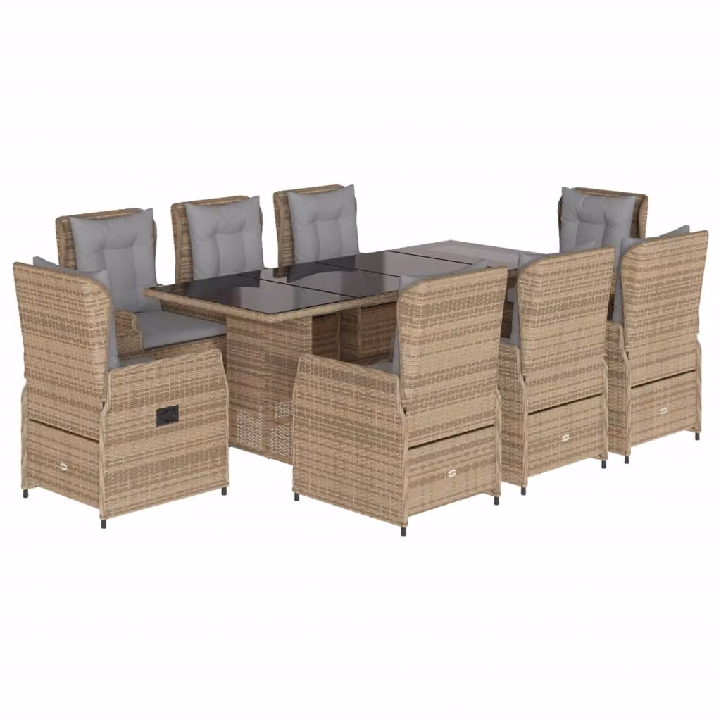 Set da Pranzo da Giardino 9 pz con Cuscini Beige in Polyrattan