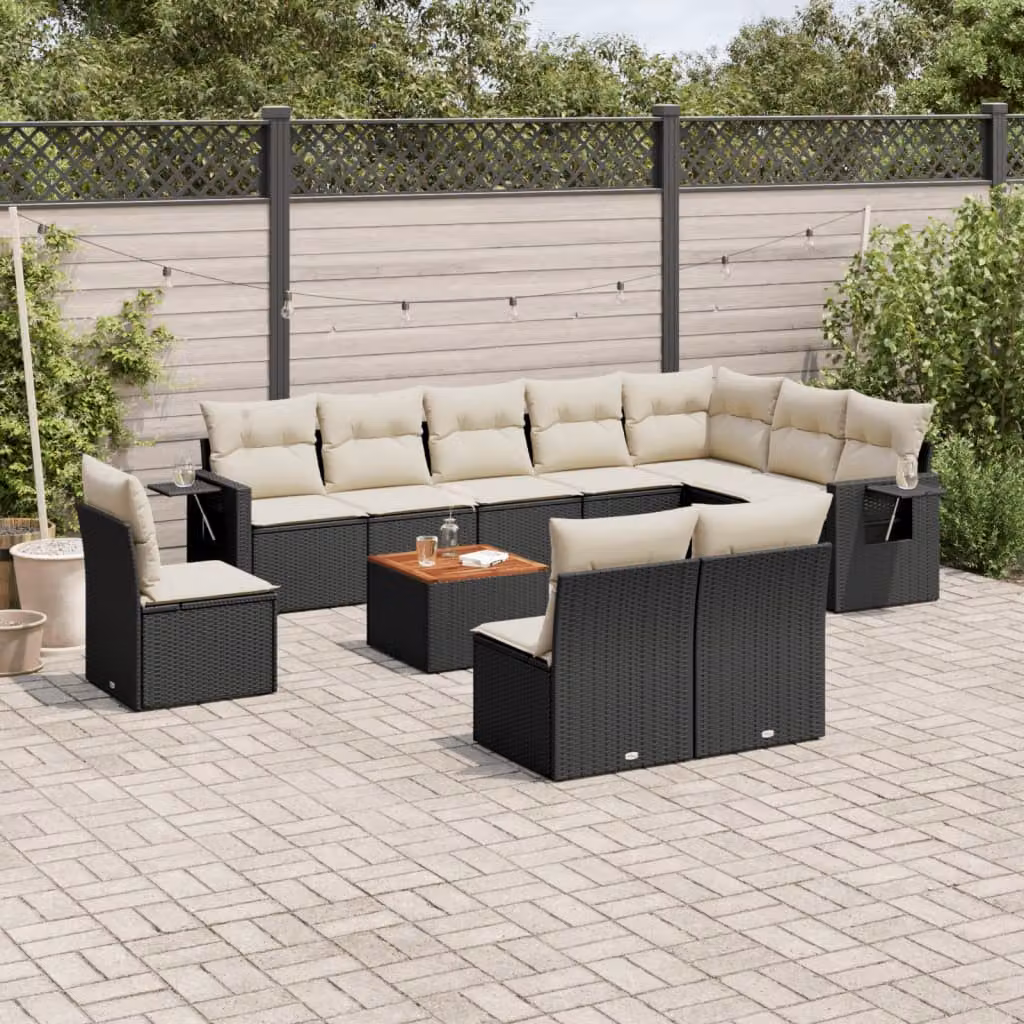 vidaXL Set Divani da Giardino 11 pz in Polyrattan Nero con Cuscini e Tavolino da Esterno – 1