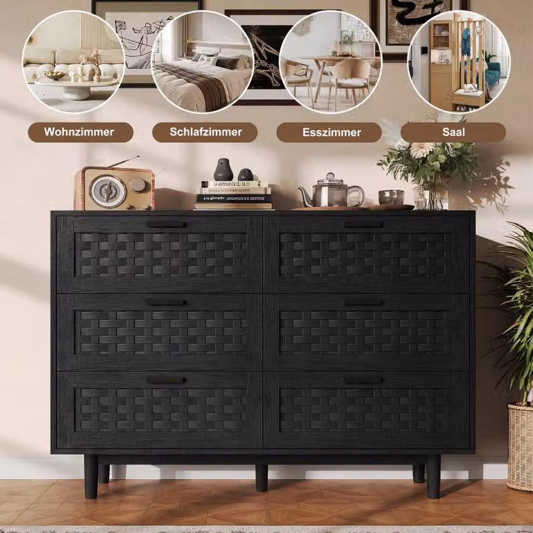 Comodino UnboxG a 6 cassetti in nero, materiale derivato dal legno con effetto rattan, dimensioni 115x40x80 cm, mobile contenitore robusto per soggiorno, camera da letto e sala da pranzo