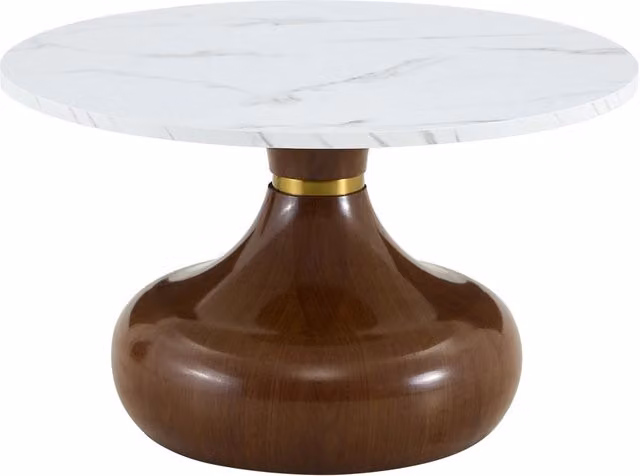 Set di 2 tavolini rotondi con piano in melamina effetto marmo e base a clessidra in finitura noce