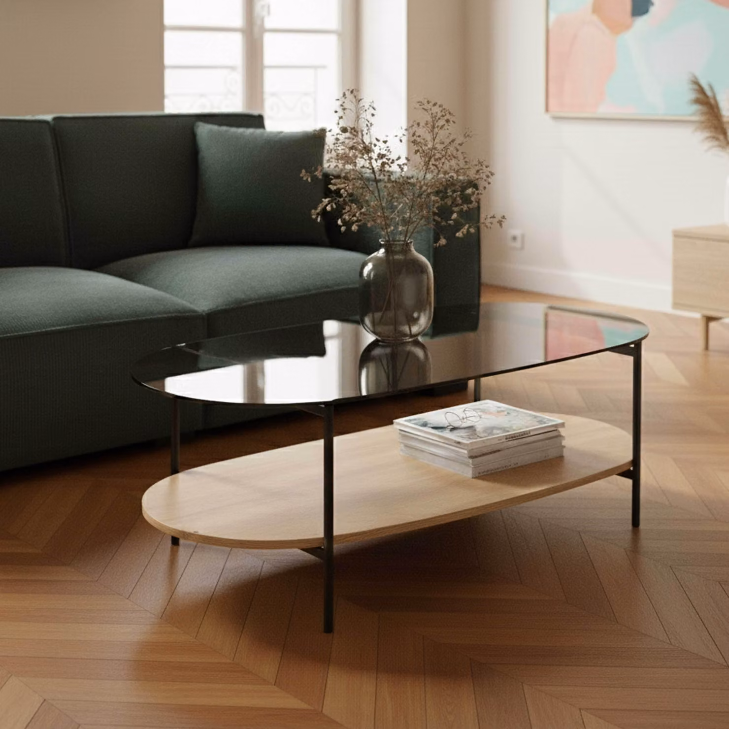 Tavolino ovale moderno L 120 cm in legno chiaro e vetro - Oviala Ruby
