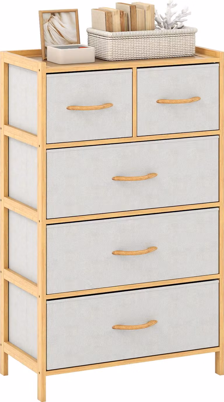 Cassettiera COSTWAY con cassetti estraibili in tessuto e struttura in bambù, cassettiera in bambù in tessuto, cassettiera, 58 x 30 x 94 cm