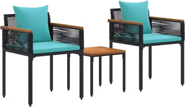 Set di mobili da esterno con poltrona lounge e tavolino da caffè in rattan e metallo, cuscini neri e turchesi inclusi – 1